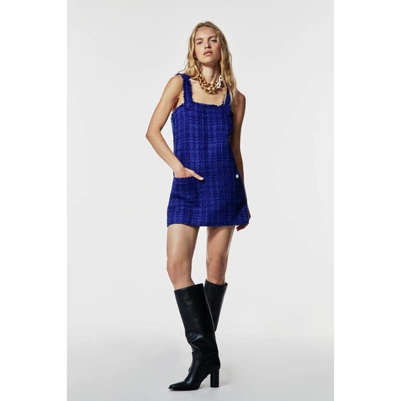 NWT Zara Cobalt Blue Textured Tweed Pinafore Mini Dress, Women's Extra Small XS - Picture 1 of 12